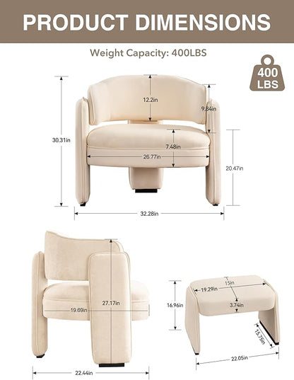 LOULENS Accent Chair with Ottoman, Oversized Barrel Chair, Modern Upholstered Comfy Armchair for Living Room, Bedroom, Reading Room & Corner, Beige