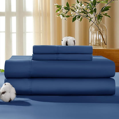 LBRO2M 100% Cotton Sheets Set Deep Pocket 19", 1000 Thread Count Queen Size 4 Piece Bed Sheet Sets Soft Comfortable Bedding All Season (Queen, Navy Blue)
