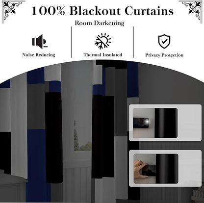Navy Blue Grey 100% Blackout Curtains for Bedroom 84 inch Long 2 Panels Set Gray Modern Abstract Geometric Black Out Curtains Insulated Room Darkening Window Drapes for Living Room, 52Wx84L