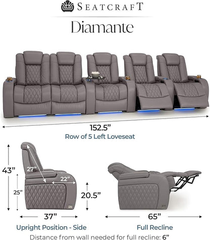 Seatcraft Diamante Zero-Gravity CoolZero Italian Leather Home Theater Seating, Power Headrest, Power Recline, Row of 5 Left Loveseat, Gray