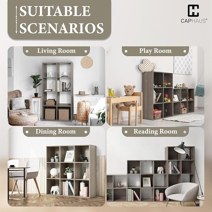 CAPHAUS Sturdy Room 11-Inch Cube Storage Organizer Shelf, with Thick Exterior Edge, Storage Shelf Divider w/Back, Bookcase, 8-Cube, Rustic Grey Oak