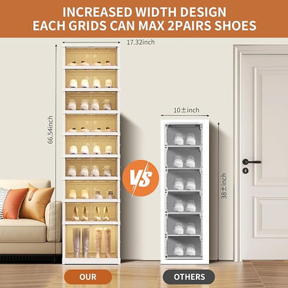 9-Tier Foldable Shoe Rack Organizer for Closet 18Pairs Plastic Shoe Shelf Collapsible Shoes Storage Box Clear Shoe Boxes Stackable with Door Easy Assembly Shoe Cabinet with Lids Large