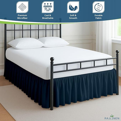 Rajlinen Ruffled Bed Skirt King, 12 Inch Drop Dust Ruffle with Split Corners, 100% Microfiber Bedskirt with Platform, Three-Sided Coverage Ruffled Gathering Design, Navy Blue