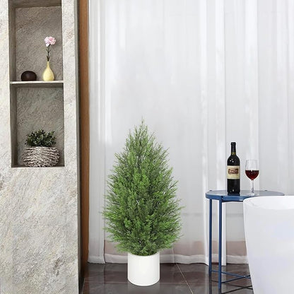 Briful 2PCS 3ft Artificial Cedar Topiary Trees in White Planter – Compact Faux Evergreen Potted Plants with Dense Realistic Layered Leaves, Lifelike Fake Cypress Trees for Home, Office, Patio, Porch