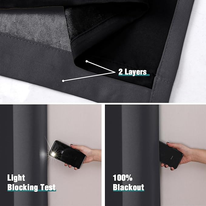 ChrisDowa 100% Blackout Curtains 63 inch Long for Bedroom with Black Liner, 2 Thick Layers Total Blackout Thermal Insulated Grommet Window Curtains 2 Panels Set (Dark Grey, 38 x 63 Inch)