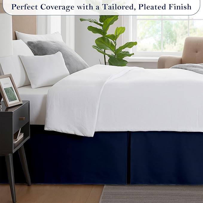 King Bed Skirt, Luxury 15 Inch Drop Navy Blue Pleated Bed Skirt, Double Brushed Microfiber, Box Pleat Design, Wrinkle & Fade Resistant, Easy Fit Tailored Bedskirt for King Size Beds