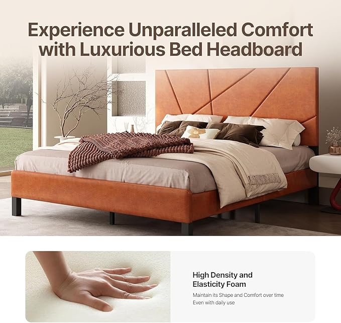 Upholstered Full Size Platform Bed Frame with Faux Leather Padded Headboard, Sturdy Metal Slats Support, No Box Spring Needed, Vintage Brown