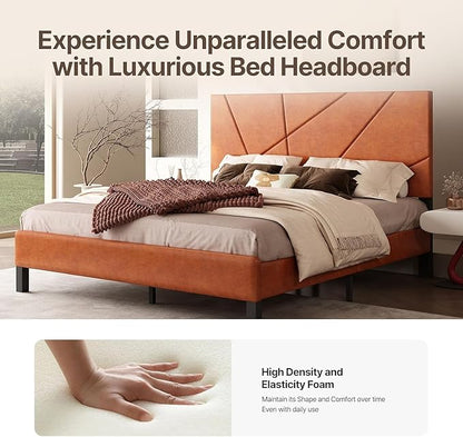 Upholstered Queen Size Platform Bed Frame with Faux Leather Padded Headboard, Sturdy Metal Slats Support, No Box Spring Needed, Vintage Brown