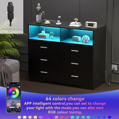 Dresser with Power Outlets and LED Lights Wooden 6 Drawer Dresser with Large Organizer Tall Black Drawer for Bedroom Modern Chest of Drawers Closet for Living Room Kids Room