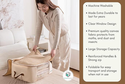 Canvas Storage Bags Designer Organizer for Comforters 2 Pack – Seasonal Storage for Pillows, Blankets, Linens & Garments – Foldable Design with Zip & Window, Moth-Proof Space Saver