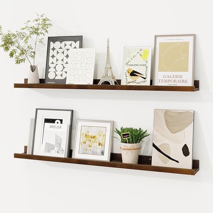 Picture Ledge Shelf, Floating Shelves Set of 2, 32 Inches Solid Wood Nursery Book Shelves for Toys Storage, Kids Bookshelf Wall Mounted for Living Room Bedroom Decor Books Photo Frames, Walnut