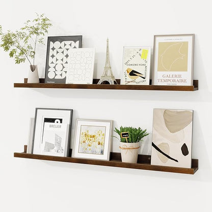 Picture Ledge Shelf, Floating Shelves Set of 2, 32 Inches Solid Wood Nursery Book Shelves for Toys Storage, Kids Bookshelf Wall Mounted for Living Room Bedroom Decor Books Photo Frames, Walnut