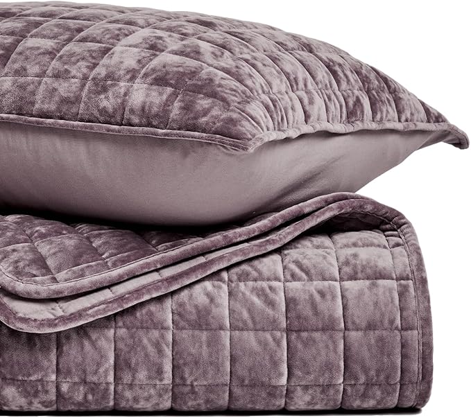 RECYCO Luxury Velvet Quilt Set King Size Bedding Sets, Ultra Soft Velvet Comforter Set, Lightweight Grid Box Stitch Oversized Bedspread Coverlet for All Season, with 2 Shams, Purple
