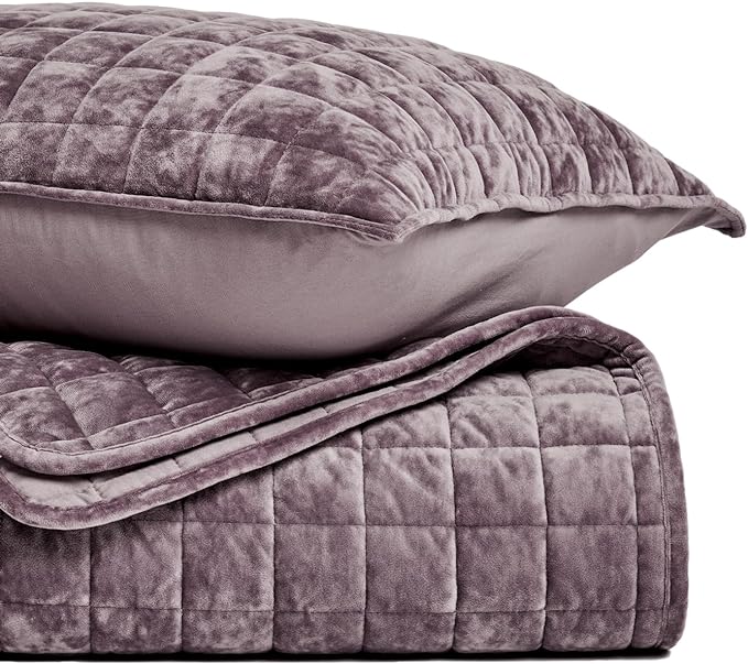 RECYCO Luxury Velvet Quilt Set Full Queen Size Bedding Sets, Ultra Soft Velvet Comforter Set, Lightweight Channel Box Stitch Oversized Bedspread Coverlet for All Season, with 2 Shams, Purple