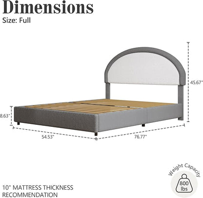 Full Size Bed Frame, Boucle Upholstered Platform Bed Frame with Headboard, Grey Bed Frame, Soft Rounded Corners, No Box Spring Required, Easy Assembly