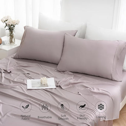 Linen World Queen Size 400TC Cooling Bed Sheet Set - 100% Organically Grown Viscose Sheets, Silky Soft & Breathable, Deep Pocket Fits Up to 16", 4-Piece Sheets with Pillowcases, Mauve