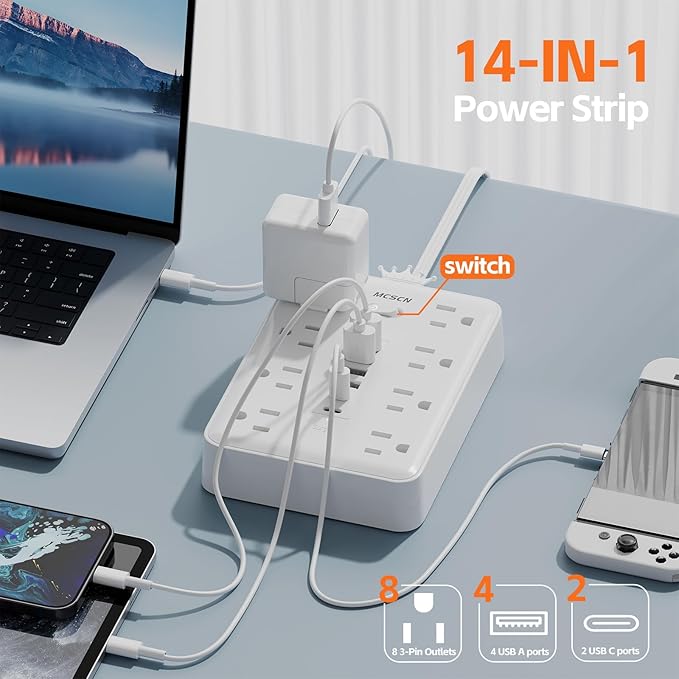 Ultra Thin Flat Plug Surge Overload Protector Power Strip Wall Outlet with 8 AC Power Outlets 6 USB (2 USB C) for Home Office Dorm Travel Essentials 15A 1875W UL Released (5FT)
