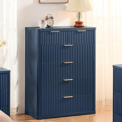 LEYAOYAO Fluted Dressers & Nightstand Set of 3, Wood 48" Wide Dresser & 42" Tall Chest of Drawers,Modern Bedroom Furniture Sets, Navy Blue Wooden Nightstand with 3 Drawers & Charging Station