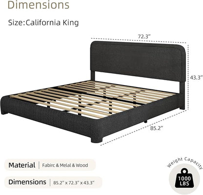 BarnFurin Boucle Upholstered California King Bed Frame/Soft Rounded Corners Headboard/Low Profile Bed Frame/No Box Spring Needed/Black