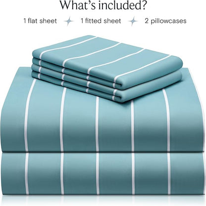 LuxClub 4 PC Queen Sheet Set, Deep Pockets Wrinkle Free Cooling Bed Sheets Hotel Bedding for Women, Men, Includes 1 Fitted Sheet, 1 Flat Sheet and 2 Pillowcases-Striped - Light Blue