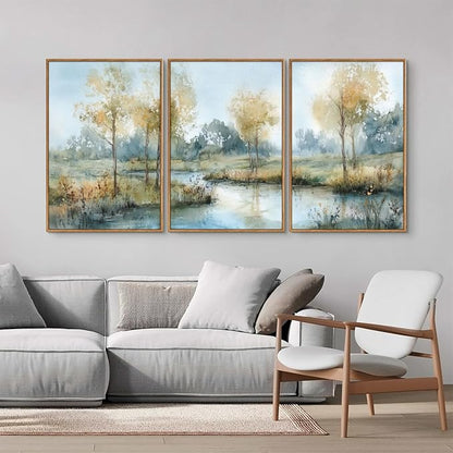 Yeehomedec Large Vintage Neutral Nature Framed Canvas Wall Art, Mid Century Modern Fall Wall Decor, Wilderness Landscape Art Painting, Rustic Country Trees Artwork for Living Room Bedroom Office 16"x24"x3
