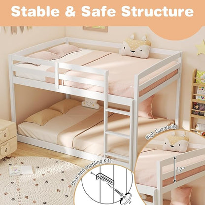 KOMFOTT Low Bunk Bed Full Over Full, Solid Wood Full Bed Frame with Built-in Ladder & Safety Guardrails, Teens, No Box Spring Needed, Space-Saving Low Bunk Bed for Kids