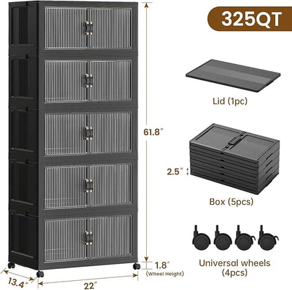 SAILUN 81Gal/325Qt Stackable Storage Bins Folding Collapsible Storage Bins with Lid, Closet Organizers and Storage Box with Door Black 22" W x 13" D x 62" H