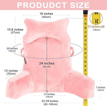 SLIGUY Reading Pillow-Bed Rest Pillow with Detachable Neck Roll & Higher Support Arm for Sitting in Bed Couch or Floor-Backrest Reading Pillow Adult Back Pillow for Reading/Watching TV/Gaming,Pink
