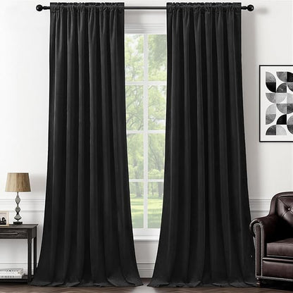 AUSSPVOCT 90 Inch Long Velvet Curtains for Living Room, Light Reducing Thermal Curtain Back Tab & Rod Pocket Elegant Soundproof Soft Room Darkening Window Drapes for Bedroom, W52 x L90, Black, 2 Pcs