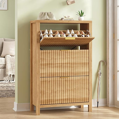 Shoe Cabinet Storage for Entryway, Fluted Shoe Cabinet with 3 Flip Drawers, Hidden Shoe Rack Tall Freestanding Shoe Organizer with Legs for Hallway, Oak