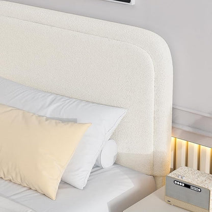 BarnFurin Boucle Upholstered Bed Frame King Size/Cloud Bed Frame/Soft Rounded Corners Headboard/Low Profile/No Box Spring Needed/Cream