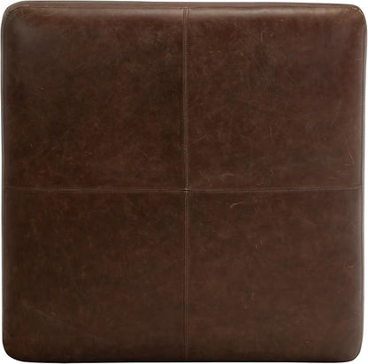 Poly & BARK Sequoia Ottoman – 35” Square Pouf with Feather-Down Topper – Full-Grain Leather Upholstered Pouf Ottoman for Living Room – Vintage Italian Leather in Chocolate Brown