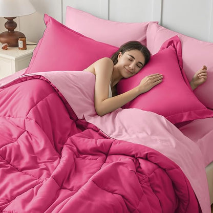 JOLLYVOGUE Twin Comforter Set, Ultra-Soft Bed in a Bag Twin Size 5 Pieces, Oeko-TEX Certified Bedding Set with Down Alternative Comforter, Sheets, Pillowcases & Shams, Hot Pink & Baby Pink