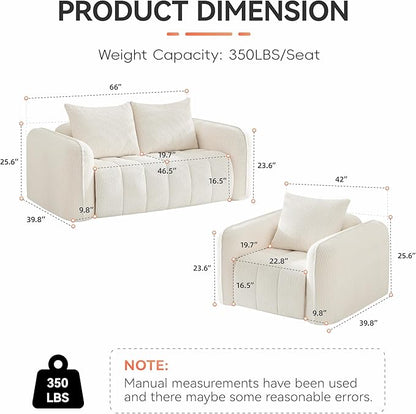 Corduroy Boneless Living Room Sets, Modern Upholstered Loveseat with 2 Signle Sofa Chairs, Comfy Deep Seat Cloud Sofa Couch Sets for Living Room, White
