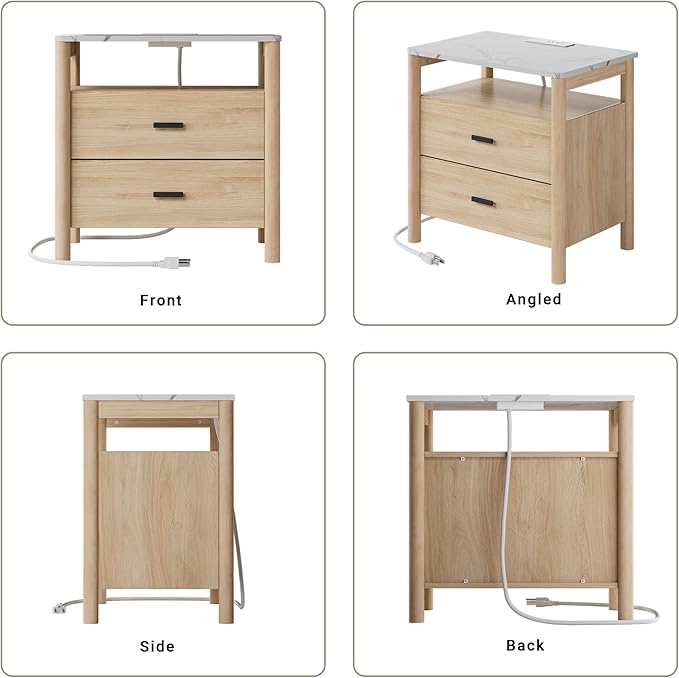 FavourLife Night Stand Set 2, 23" Nightstands Set of 2, Modern Nightstand with Charging Station & Faux Marble Top, 2 Drawer End Table with Solid Round Post Legs, Bedside Table for Bedroom, Natural Oak