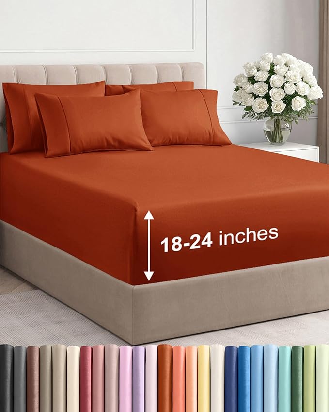 Extra Deep King Sheet Set - 6 Piece Breathable & Cooling Sheets - Hotel Luxury Bed Sheets Set - Easy & Secure Fit - Soft, Wrinkle Free & Comfy Sheets Set - Terracotta Sheet Set with Extra Deep Pockets