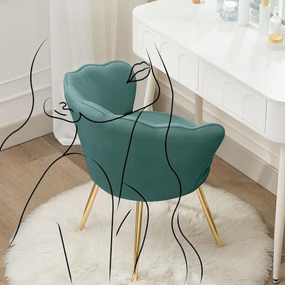 Velvet Vanity Chair with Back, Mid-Century Modern Small Accent Chair for Living Room, Golden Metal Legs Upholstered Makeup Chair, 1Pcs Bedroom Armchair, Dark Green