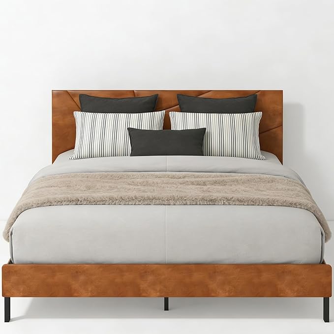 Upholstered King Size Platform Bed Frame with Faux Leather Padded Headboard, Sturdy Metal Slats Support, No Box Spring Needed, Vintage Brown