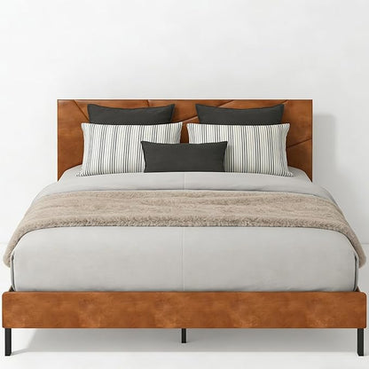 Upholstered Queen Size Platform Bed Frame with Faux Leather Padded Headboard, Sturdy Metal Slats Support, No Box Spring Needed, Vintage Brown