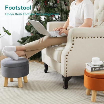 FIMIVIBI Small Foot Stool Ottoman with Storage, Velvet Ottoman Foot Rest for Couch, Round Footstool with Storage, Small Ottomans and Footstools for Living Room and Entryway (Orange)
