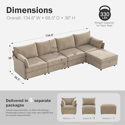 ABCASA 134.6" Luxury Modular Sectional Convertible Sofa with Storage Ottoman, L-Shape 5-Seat Oversized Comfy Couch Deep Seat with Reversible Chaise - Chenille Beige