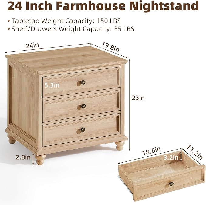 24" Wide Farmhouse Night Stand,Large End Table with 3 Drawers & Metal Handle,Natural Wood Dresser for Bedroom Cabinet, Bed Side Table Chest of Drawers,Nightstand for Living Room,Close