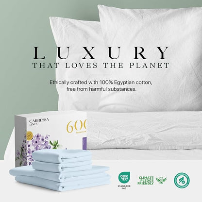 Carressa Linen California King Egyptian Cotton Sheet Sets - 600 Thread Count Cal King Cotton Sheet Set (4 PC, Sky Blue), Extra Soft, Cooling, 16" Deep Pocket Sateen Weave Luxury Hotel Bed Sheets Set