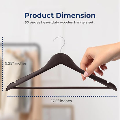 SereneLife 50-Pack Wooden Coat Hangers – Durable Suit Hangers with 360° Swivel Hook & Notches – Slim Design for Shirts, Jackets, Dresses, and More (Brown)