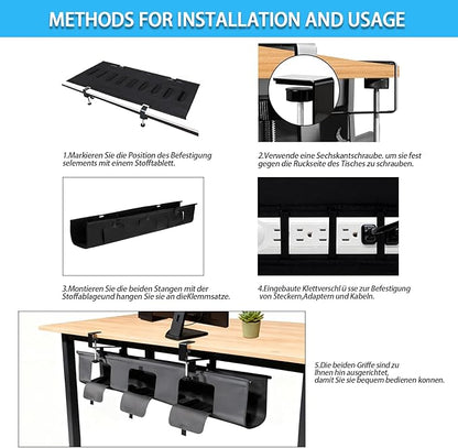 Under Desk Cable Management Tray, 36-inch No-Drill Standing Desk Cable Organizer, Fabric Tray for Power Strips, Adapters & Cables - Black
