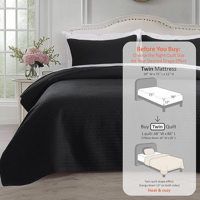 KASENTEX Twin Quilt Set 68"x86" – Soft Washed 3-Layer Lightweight Bedspread, Minimalist Nordic Design, All-Season Spring & Summer Quilt Set (1 Quilt + 2 Pillow Shams), Jet Black