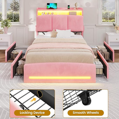 VIAGDO Twin Bed Frames with Storage Headboard and Charging Station, Velvet Upholstered Bed Frame Twin Size with 4 Drawers and LED Lights, Type C and USB, No Box Spring Needed, Pink