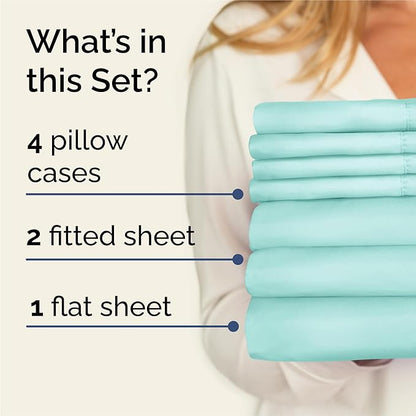 Split King 7 Piece Sheet Set - Cooling & Breathable - Hotel Luxury Bedding, Includes Fitted Sheets for Women, Men, Kids & Teens - 1 Flat, 2 Fitted Sheets, 4 Pillowcases with Deep Pockets - Spa Blue
