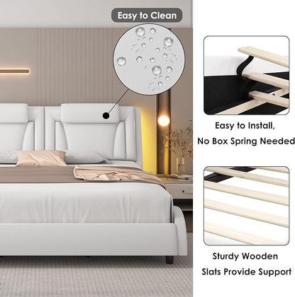Keyluv Modern Upholstered King Bed Frame with Adjustable LED Headboard, Wave-Like Curve Design, Solid Wooden Slats Support, No Box Spring Needed, Noise Free, White