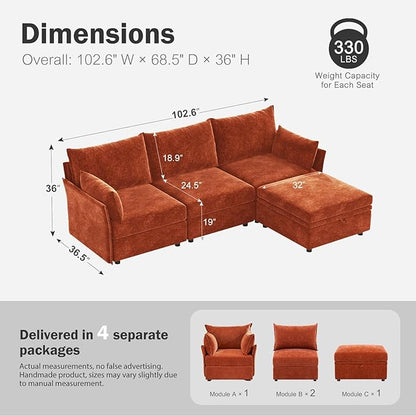ABCASA 102.6" Modular Sectional Sofa, L Shaped Couch Set for Living Room, 3-Seater Comfy Cloud Couches with Movable Storage Ottoman,DIY Combination - Chenille Terracotta Orange
